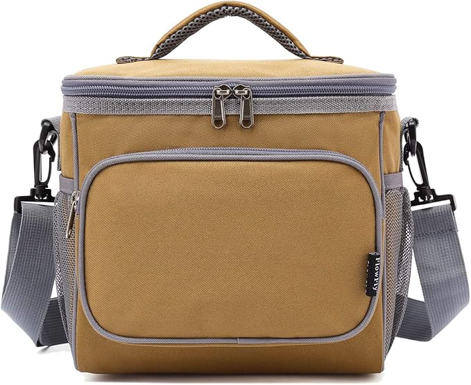 FlowFly Insulated Reusable Lunch Bag Adult Large Lunch Box for Women and Men with Adjustable Shoulder Strap,Front Zipper Pocket and Dual Large Mesh Side Pockets,Brown-NeatNest