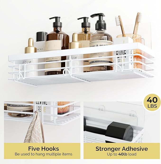 Orimade Adhesive Shower Caddy Soap Dish Holder Shelf with 5 Hooks Bathroom Organizer Basket Kitchen Storage Rack Wall Mounted No Drilling Stainless Steel - 3 Pack, White