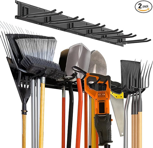 Charmount 96" Garage Storage Wall Organizer with 1200lbs, 12 Hooks Broom Holder Wall Mount, Garden Tool Organizer, Easy Installation Tool Storage to Accommodate Brooms, Hoses, Yard Tools and More-NeatNest