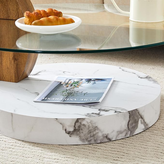 Glass Coffee Tables Round Coffee Tables for Living Room Modern 3 Tier Round Table Circle Coffee Table for Small Space Home Office (42 Inch White + Wood)