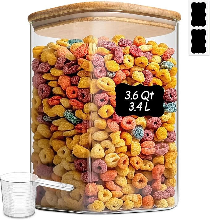 ComSaf 3.6Qt Glass Food Storage Containers, Cereal Storage Containers with Airtight Lids, Large Square Glass Jars with Bamboo Lids, for Rice, Pasta, Oats, Grains, Coffee Beans-NeatNest