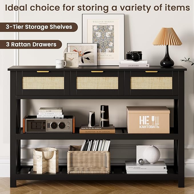 Console Table with 3 Rattan Drawers, Wooden Entryway Table with 3-Tier Storage Shelves, Display Shelf for Entryway, Hallway, Foyer and Living Room, Black-NeatNest