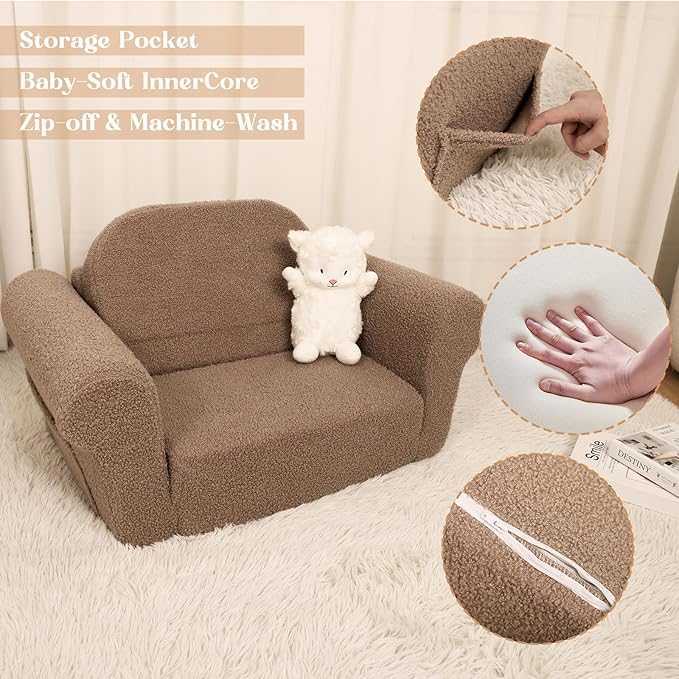 Chairs for Toddler, 2-in-1 Toddler Soft Teddy Baby Couch Fold Out, Convertible Chair to Lounger for Girls and Boys|Safety Certified | Gift for Children-NeatNest