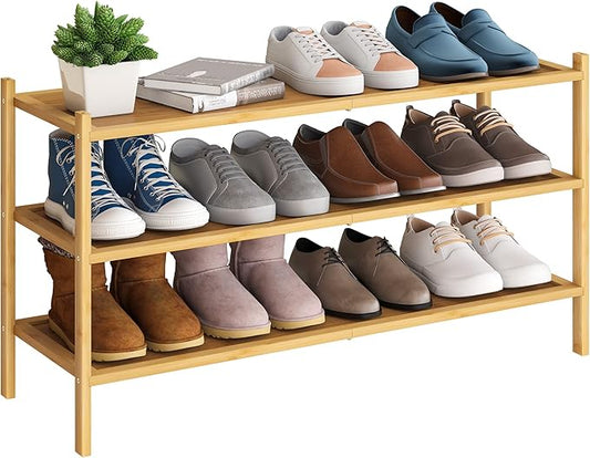 BMOSU 3-Tier Bamboo Extended Shoe Rack Premium Stackable Shoe Shelf Storage Organizer for Hallway Closet Living Room Entryway Organizer(Natural)-NeatNest