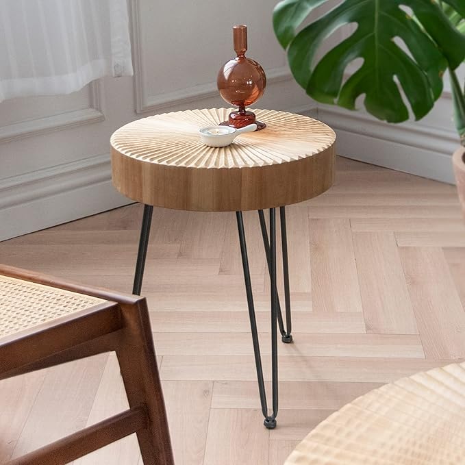 LONYKE 2-Piece Farmhouse Nesting Table Round with Handcrafted Wood Radial Pattern, Modern Coffee Table Set for Living Room