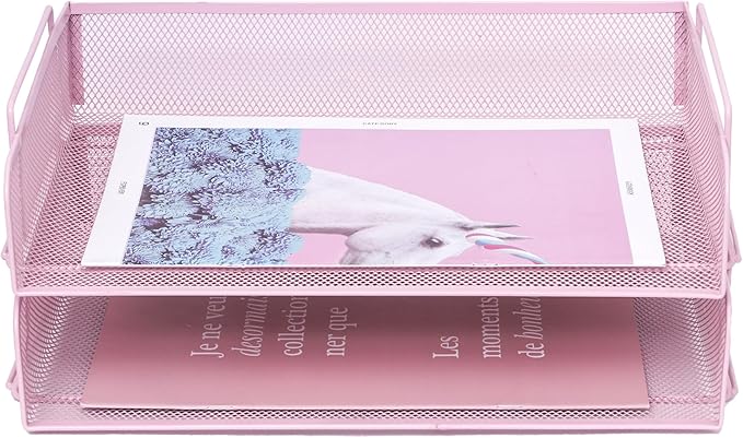 EASEPRES 2 Pack Stackable Desk Paper Tray, Metal Mesh Desktop Document Letter File Organizer for Office Home School, 13.5'' L x 9.75'' W x 5.5'' H, Pink