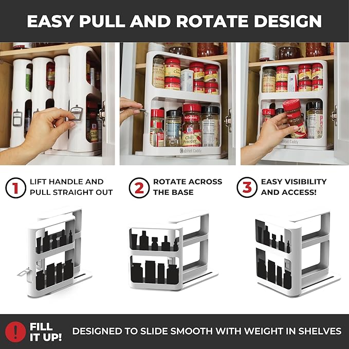 Cabinet Caddy Spice Rack Organizer for Cabinet - Slide & Rotate Kitchen Organizers and Storage - 2 Double-Decker Shelves - Non-Skid Base - Magnetic Modular Design - 10.8" H x 5.25" W x 10.8" D-NeatNest