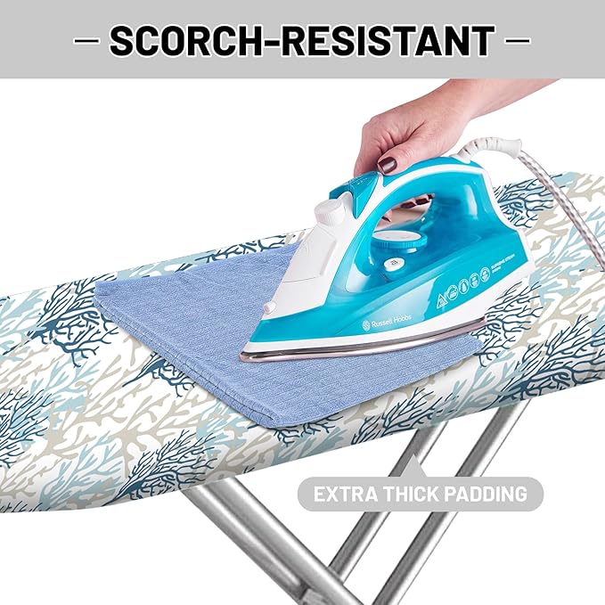 Extra Thick Ironing Board Cover and Pad, Coastal Summer Beach Coral 15x54 Ironing Board Cover, Resist Scorching and Staining,Elastic Edges,Seaside Nautical Blue Grey