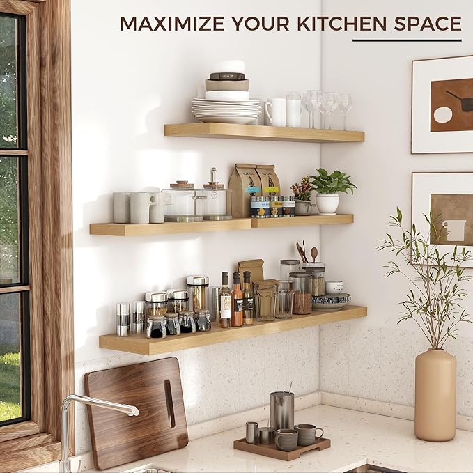 Floating Shelves for Wall, 36"W x 7.8"D x 1.5"H, 2 Pack of Long Wall Mounted Engineered Wood Shelves with Invisible Brackets for Living Room, Bedroom, Bathroom, Kitchen Decor and Storage, Oak-NeatNest