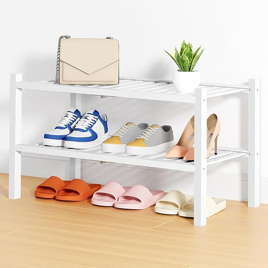 Smiry Shoe Rack, 2 Tier Thick Bamboo Shoe Organizer, Stackable Free Standing Wooden Shoe Storage Shelf for Closet, Entryway, Front Door Entrance, White-NeatNest