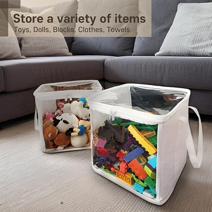 holay 2 Pack Storage Bins PVC Boxes with Transparent Lid & Handles - Durable & Foldable - Multi-Purpose Organizer for Clothes, Books, and More (White, Large)-NeatNest