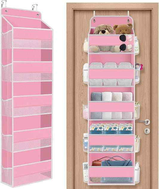5-Tier Over The Door Organizer Hanging Storage Organizers with Clear Window 40lb Large Capacity Room Organizer for Pantry Bathroom Nursery Closet(Pink)-NeatNest