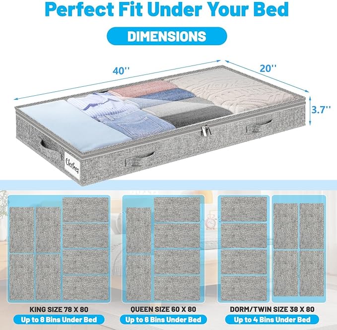 4 Inch Low Profile Under Bed Storage Drawer 2 Pack, Lightweight Underbed Clothes Storage Container Bins with NO STURCTURE, Shallow Storage Bag for Dorm & Home, With Clear Lids and Waterproof Fabric-NeatNest
