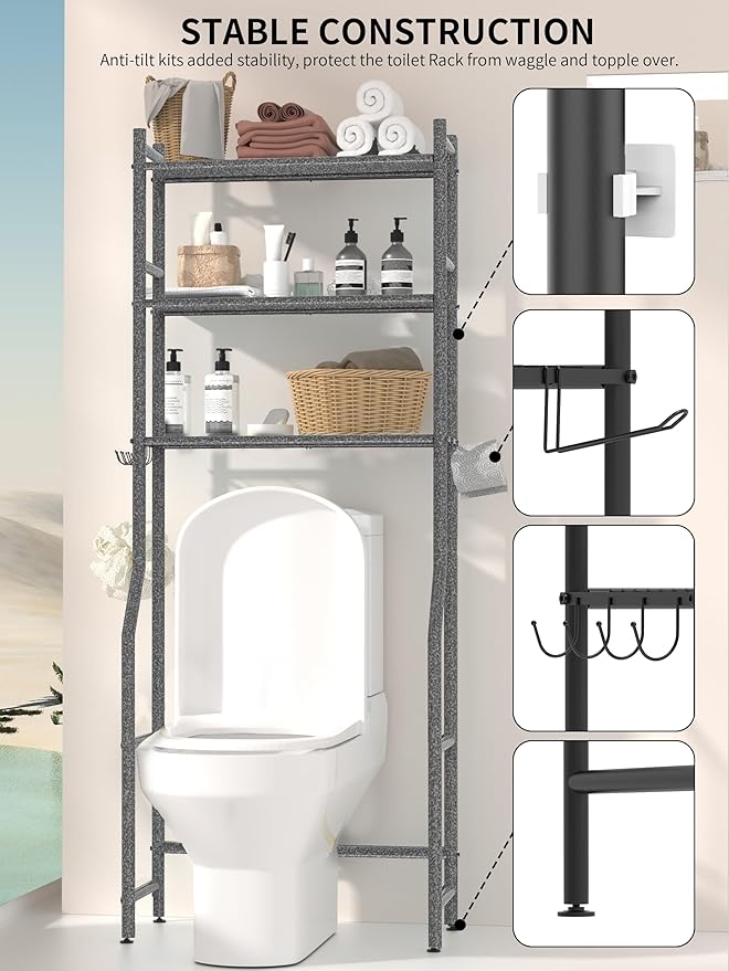 3 Tier Over The Toilet Storage Rack with 2 Basket, Metal Freestanding Bathroom Shelves Toilet with Paper Holder and 4 Hooks, Over Toilet Storage Shelf for Bathroom Storage, Snow Black-NeatNest