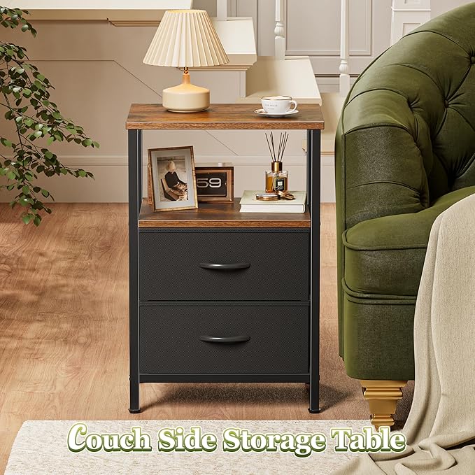 Huuger Night Stand Set of 2, Nightstand with 2 Drawers, Bed Side Table with Open Shelf, Wooden Top, End Table, Fabric Drawer, for Bedroom, Rustic Brown and Black