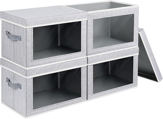 Storage Boxes with Lids - 4 Pack Fabric Clear Window Storage Bins, Large Decorative Storage Bins with Handles, Linen Closet Organizer for Clothes, Towel, Blanket, Light Grey-NeatNest
