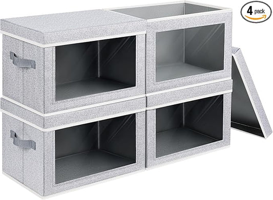 Foldable Storage Bin with Lid - Closet Storage Organizer with Window, Storage Bins with Lids for Clothes, Fabric Storage Baskets for Shelves, Bedroom, Dorm, Light Grey, 4 Pack-NeatNest