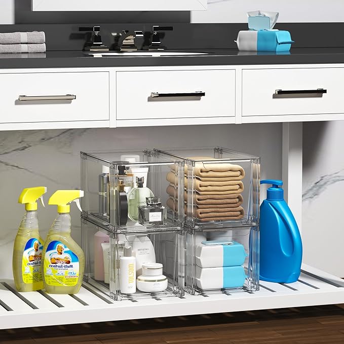 Stackable Kitchen Storage Drawers,Clear with Handles Acrylic Bathroom Makeup Organizer Bins,Easily Assemble,For Vanity, Undersink, Kitchen Cabinet,Pantry Organization and Storage (2Pack)-NeatNest