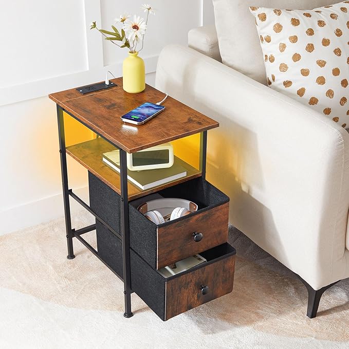 HOOBRO Narrow Side Table with LED Light and USB C Port, Night Stand with Charging Station, Skinny End Table with 2 Fabric Drawers, for Bedroom, Living Room, Rustic Brown and Black BF486UDBZ01