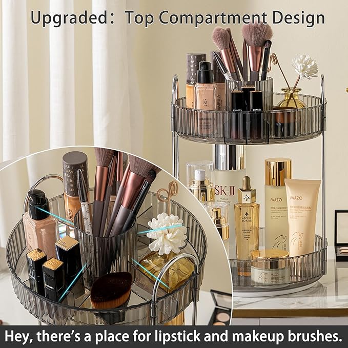 Rotating Makeup Organizer for Vanity, High-Capacity Skincare Clear Make Up Storage Perfume Organizers Cosmetic Dresser Organizer Countertop 360 Spinning (Gray, New-2 Tier)-NeatNest