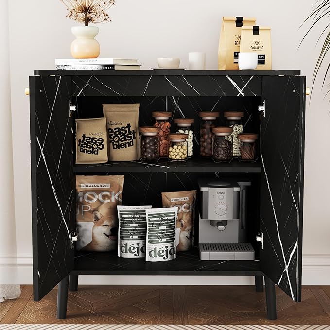 Fluted Storage Cabinet, Modern Marble Texture Accent Buffet Cabinet with Fluted Wood Strips, Side Cabinets with 2 Doors & Adjustable Partitions for Kitchen, Living Room, Black