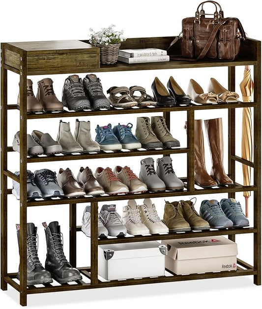 Bamworld Shoe Rack for Front Door Entrance Bamboo Shoe Organizer with Storage Box Free Standing Shoe Cabinet Wooden Shoe Storage Shelf for entryway, Closet and Doorway (Dark Brown)-NeatNest