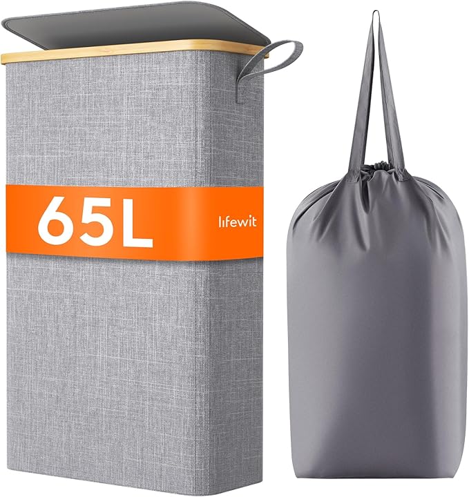 Lifewit 65L Slim Laundry Hamper with Lid, Narrow Laundry Basket with Removable Bag & Bamboo Handles, Fodable Thin Dirty Clothes Hamper for Laundry Collapsible Bin for Bathroom Bedroom Dorm, Gray-NeatNest