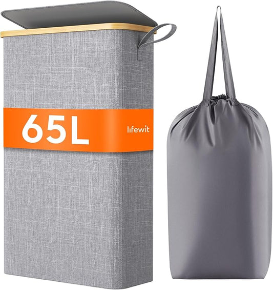 Lifewit 65L Slim Laundry Hamper with Lid, Narrow Laundry Basket with Removable Bag & Bamboo Handles, Fodable Thin Dirty Clothes Hamper for Laundry Collapsible Bin for Bathroom Bedroom Dorm, Gray-NeatNest