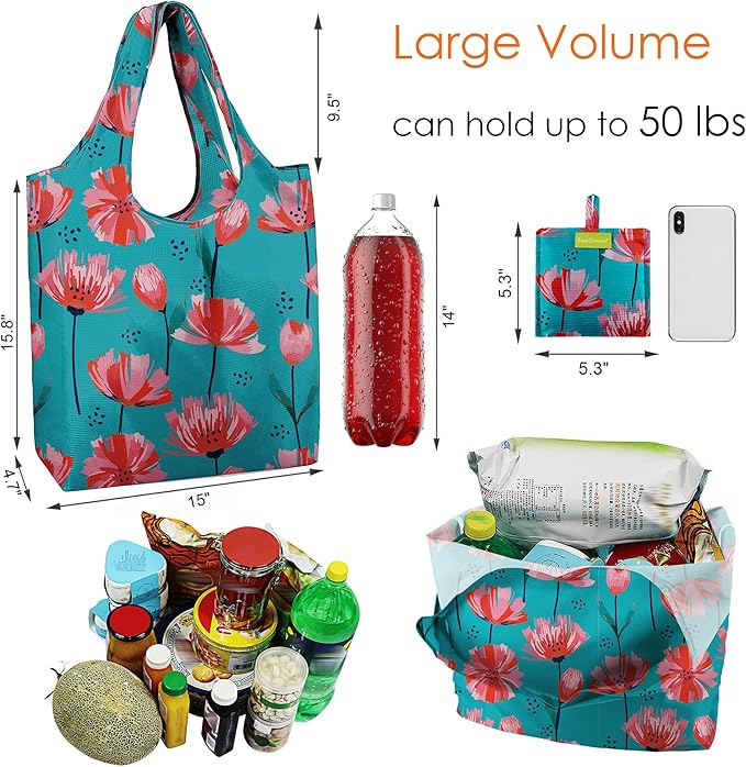 BeeGreen Reusable Grocery Bags 6 Pack, Heavy Duty Totes for Women, Foldable Grocery Bag Large Shopping Totes with Handles for Work, Travel, Gift, Store, Polyester Washable Reusable Tote Bag-NeatNest