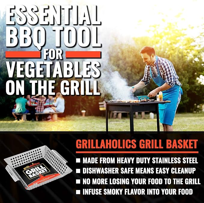 Grillaholics Vegetable Grill Basket for Outdoor Grill - Extra Large, Heavy-Duty Stainless Steel Veggie Grilling Basket with Handles