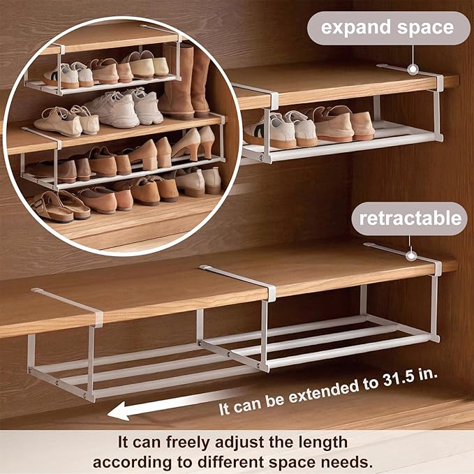 Expandable Shoe Rack Organizer - Adjustable Shoe Rack & Under Cabinet Shelf - for Shoe or Clothing Storage and Organization, Under Shelf Storage (White,1 Pcs)-NeatNest