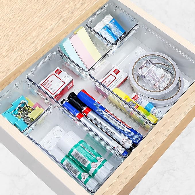10 PCS Drawer Organizer Set,4 Varied Size Bathroom and kitchen Drawer cabinet organizer Trays, Clear Storage Bins for Makeup, Jewelry, Utensils and Gadgets-NeatNest