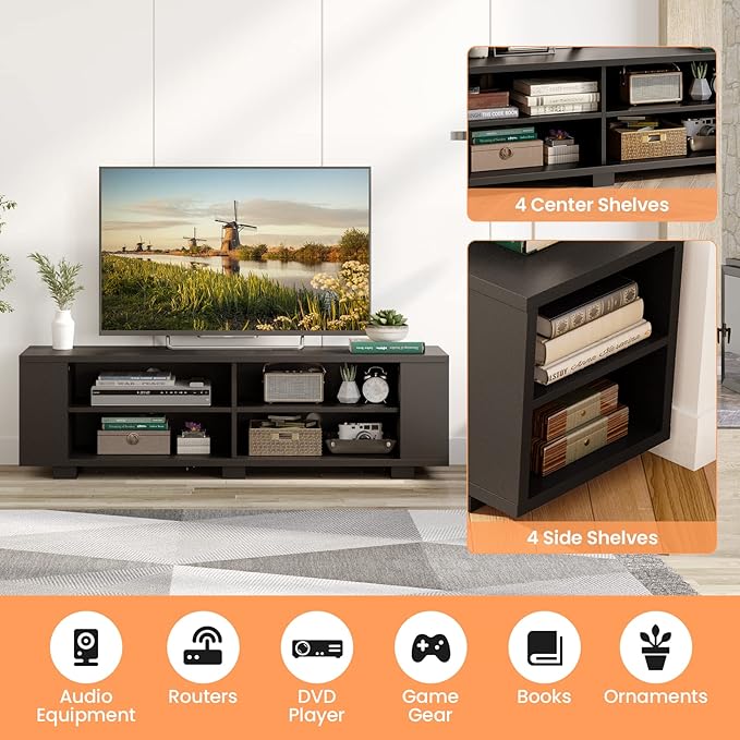 Giantex Modern TV Stand for TVs up to 65 Inch, Wood Entertainment Center w/ 8 Open Storage & Adjustable Shelves, Television Stands w/ 4 Cable Holes, TV Console Table for Living Room, Bedroom (Black)-NeatNest