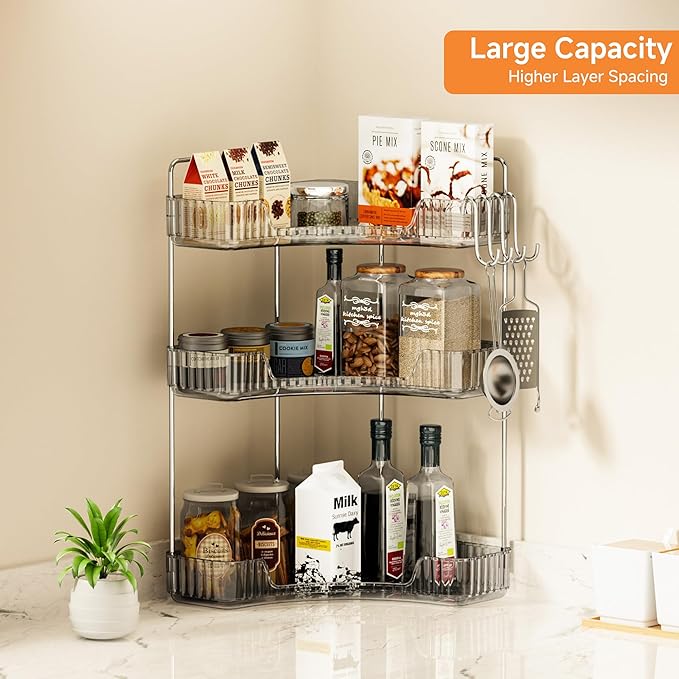 Makeup Organizer for Vanity 3-Tier Corner Bathroom Organizer Countertop with Hooks Bathroom Countertop Perfume Organizer Corner Bathroom Counter Corner Storage-Gray-NeatNest