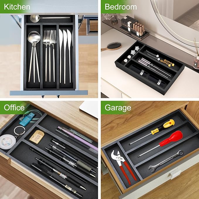 Ayiaren Small Wooden Silverware Organizer Tray Narrow Kitchen Drawer Dividers Utensil Organizers and Storage Black Cutlery Trays Spoon Flatware Organizer for Drawer Bamboo Cutlery Utensil Holder Tray-NeatNest
