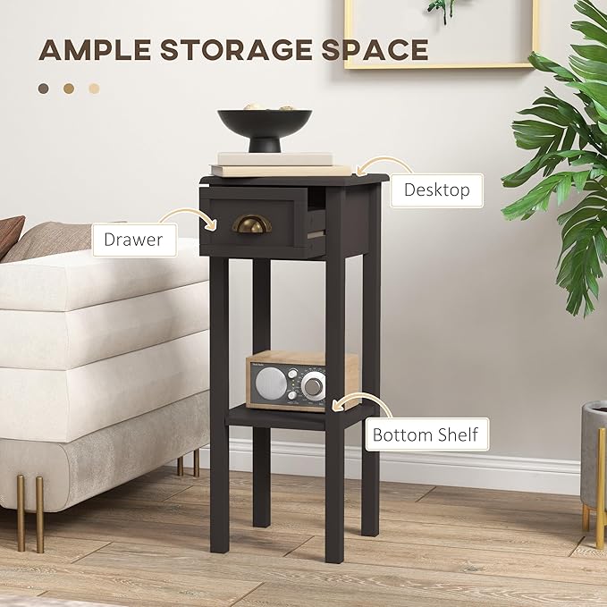 HOMCOM 2-Tier Side Table with Drawer, Narrow End Table with Bottom Shelf, for Living Room, Set of 1, Coffee