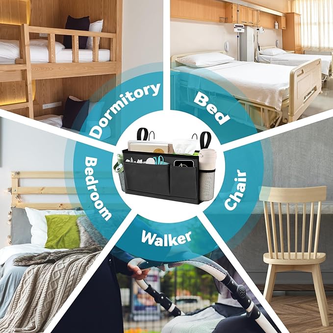 BlissTotes Bedside Caddy, Bedside Storage Organizer for Bunk Bed Accessories, Dorm Storage for Bedside Shelf and Bunk Bed Shelf, Bed Caddy for Home, Dorm, Bunk (Dark Gray, 2 Pack)-NeatNest