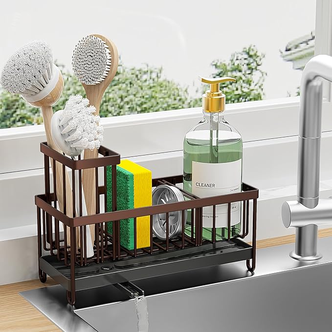 Cisily Brown Sponge Holder for Kitchen Sink, Sink Caddy Organizer with High Brush Holder, Kitchen Countertop Organizers and Storage Essentials, Rustproof 304 Stainless Steel, Soap Dispenser Organize-NeatNest