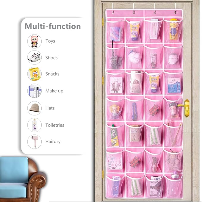 KEEPJOY 28 Pockets Hanging Shoe Organizer, Over the Door Shoe Organizer, Hanging Door Shoe Holder Rack with Mesh Pockets Large Size 65 x 23 Inch (Pink-1Pack)-NeatNest