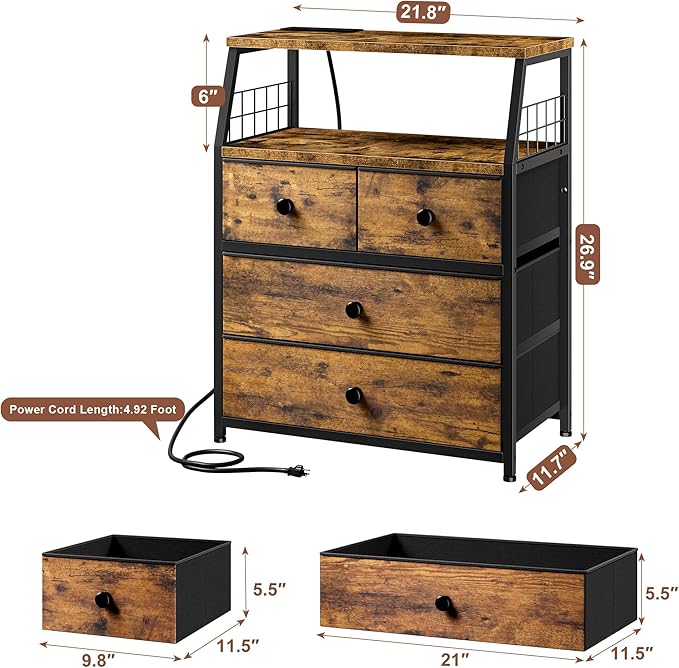 EnHomee Nightstand with Charging Station & LED Lights, 21.8" W Bedside Table with 4 Fabric Drawers, Night Stand with Outlets and 2 Ports for Bedroom, Table with Wood Shelf, Rustic Brown