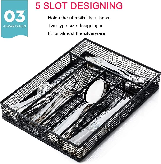 JANE EYRE Utensil Drawer Organizer, Cutlery Tray Silverware Flatware Storage Divider for Kitchen, Mesh Wire with Non-slip Foam Feet, 5 Component, Black-NeatNest