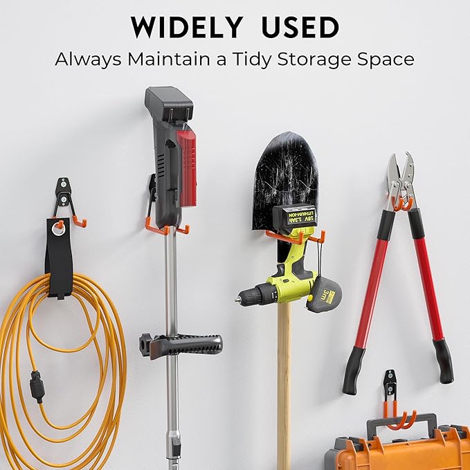 BONTEC Heavy Duty Garage Hooks, Anti-Slip Coated Black Steel with Strong Load Capacity, Multi-Sized U and J Hooks, Easy Wall Mount for Garage, Garden, Workshop (Orange, 16 Pack)-NeatNest