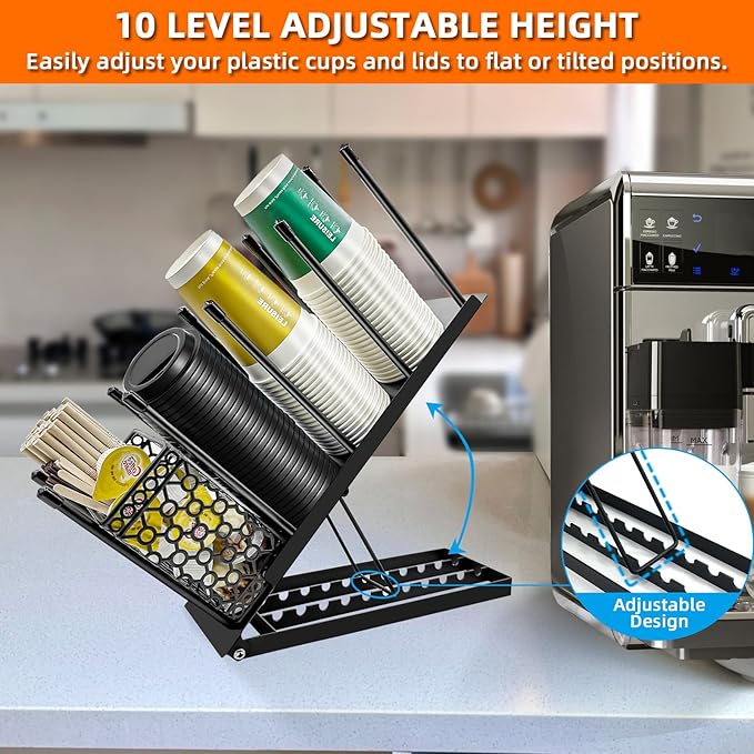 Coffee Cup and Lid Holder with Straw Holder/Coffee Clean Brush, Metal Adjustable Bar Organizer 4 Compartment Cup Dispenser Organizers for Station Home Countertop Bar Breakroom (Black)-NeatNest