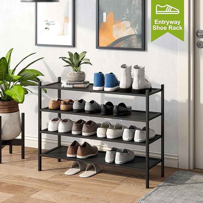 BMOSU 4-Tier Bamboo Extended Shoe Rack Premium Stackable Shoe Shelf Storage Organizer for Hallway Closet Living Room Entryway Organizer(Black)-NeatNest