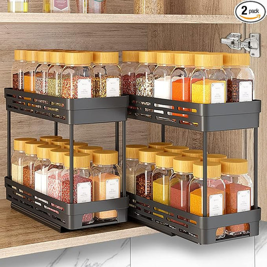 2 Pack Pull Out Spice Rack Organizer for Cabinet, 2Tier Slide Out Spice Racks Organizer, Spice Cabinet Organizers, Cabinet Size Need:12'' Highx11'' Deepx5'' Wide, Upgraded-Black-NeatNest
