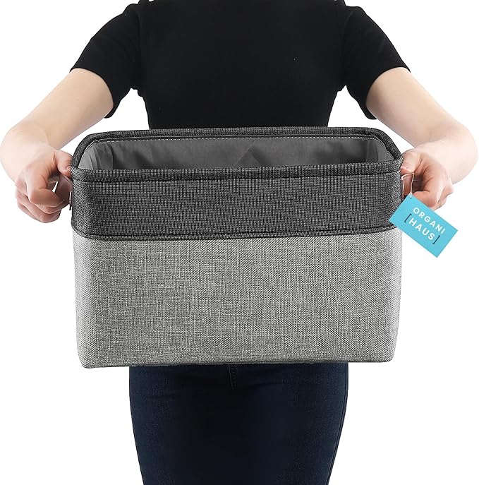 OrganiHaus Large Fabric Storage Baskets for Shelves 3 Pack | 15x11in Closet Storage Bins for Shelves | Clothes Storage Bins for Organizing | Linen Closet Organizers | Fabric Basket, Gray/Black-NeatNest