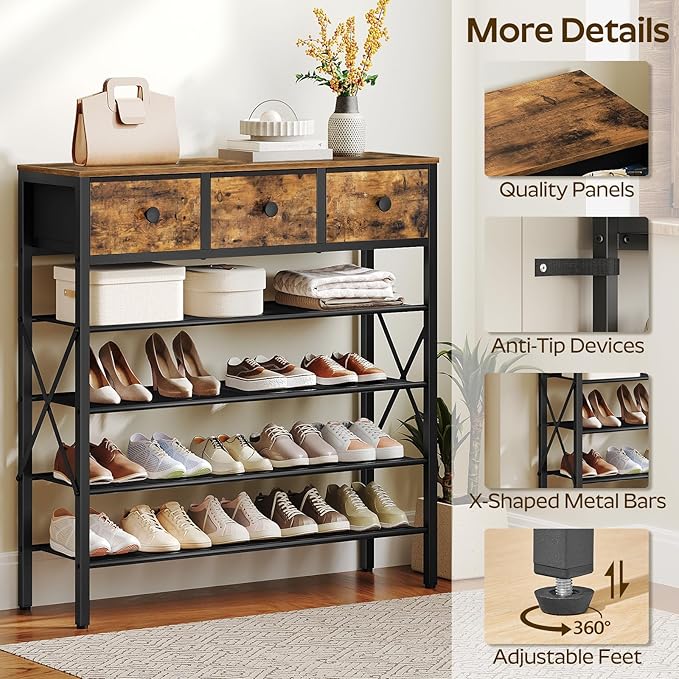 5-Tier Shoe Rack with 3 Drawers, Metal Shoe Organizer for 20 Pairs with Storage Shelves and Wooden Top, for Entryway, Hallway, Foyer, Closet, Rustic Brown and Black SS35BR-NeatNest