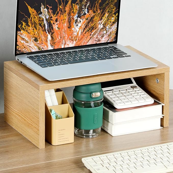 TEAMIX Higher Monitor Stand Riser, Wood Monitor Riser with Storage for Desk Small Monitor Stand TV/Screen/PC/Laptop Riser Computer Stand Desktop Shelf-NeatNest