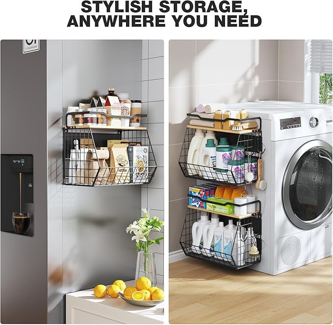2 Pack Magnetic Shelf for Fridge with Wider & Thicker Magnet, Refrigerator Organizer Storage Basket for Fruit, Onion, Potato, Spice Rack, Kitchen, Laundry, Pantry (Black, 11.81" x 6.77" x 11.81")