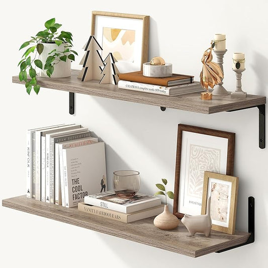 Fun Memories Deep Floating Shelves, 32W x 8D Floating Shelves Set of 2, Wall Mounted Shelf with Metal Brackets, Rustic Wood Wall Shelf for Bathroom, Kitchen and Living Room, Grey-NeatNest